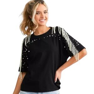 NEW blue b Black Clear Rhinestone & White Pearl Fringe Trim Shoulder T-Shirt